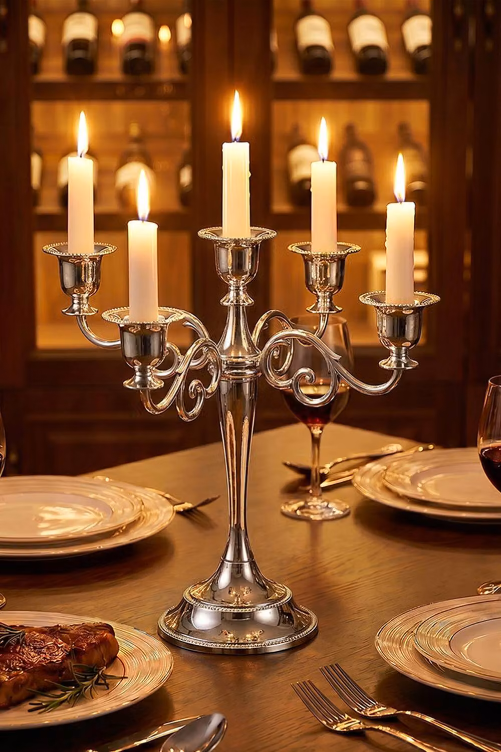 Living and Home 5-Arm Vintage Metal Taper Candle Holder in Silver – 2