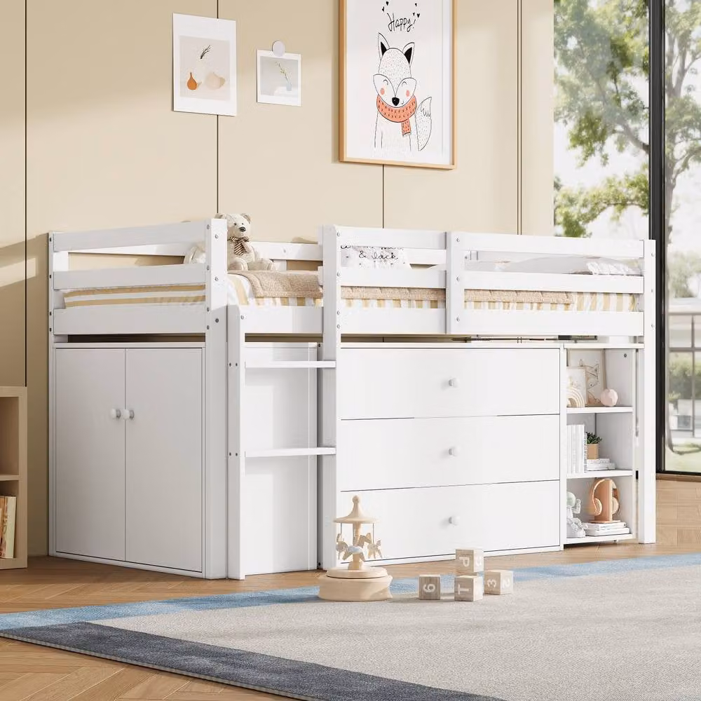 Rolipo Mid Sleeper Single Wood Bed in White with Stairs, Drawers and Bedside Shelf, W/D/H: 90 x 190 cm – 1