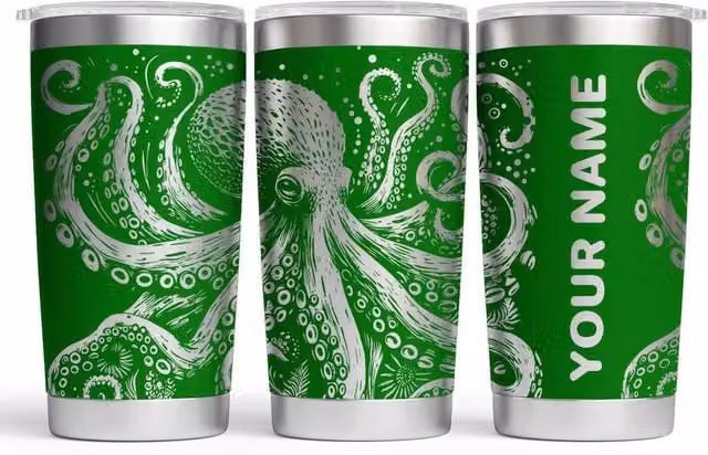 Bad Zebedee Personalised Octopus Engraved Thermal Tumbler in Green, 500ml