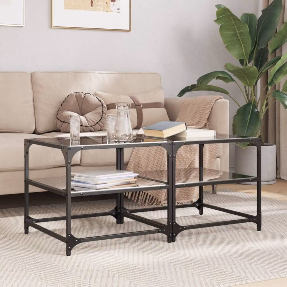 Berkfield Home Set of 2 Decorative Square Coffee Tables with Black Glass Tops and Steel Frames, W/D/H: 50 x 50 x 45 cm – 2