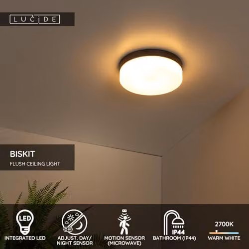 Lucide Biskit Modern LED Ceiling Light for Bathrooms, Black, Diameter: 28 cm, with Motion Sensor and IP44 Rating – 2