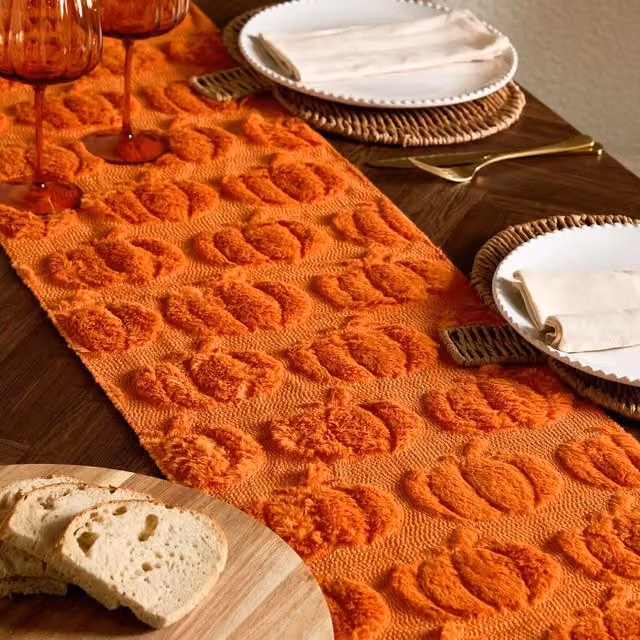 OHS Tufted Seasonal Floral Table Runner in Rust Orange and Beige