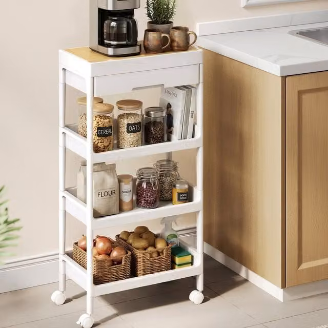 SONGMICS 4 Tier Rolling Cart with Trays and Drawers, White