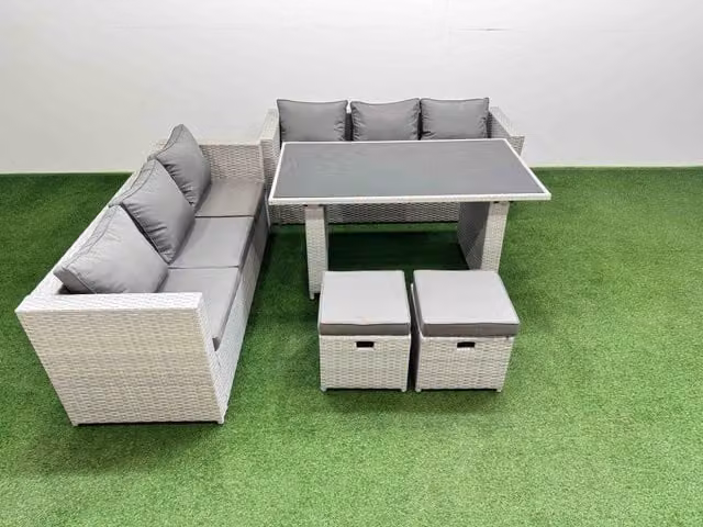 Fimous 8-Seater Patio Rectangular Table and Sofa Set with 2 Small Stools in Light Grey