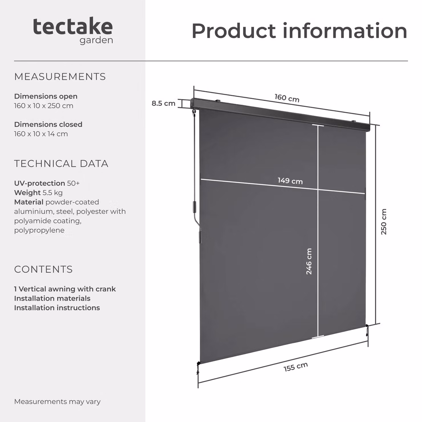 tectake Eloise Vertical Awning in Dark Grey, W/H: 160 x 250 cm – 6