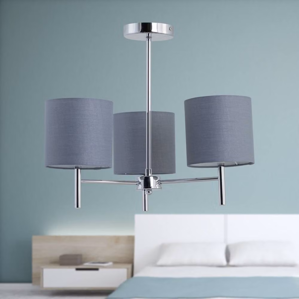 First Choice Lighting Brea Chrome 3 Light Ceiling Fitting with Grey Fabric Shades – 3