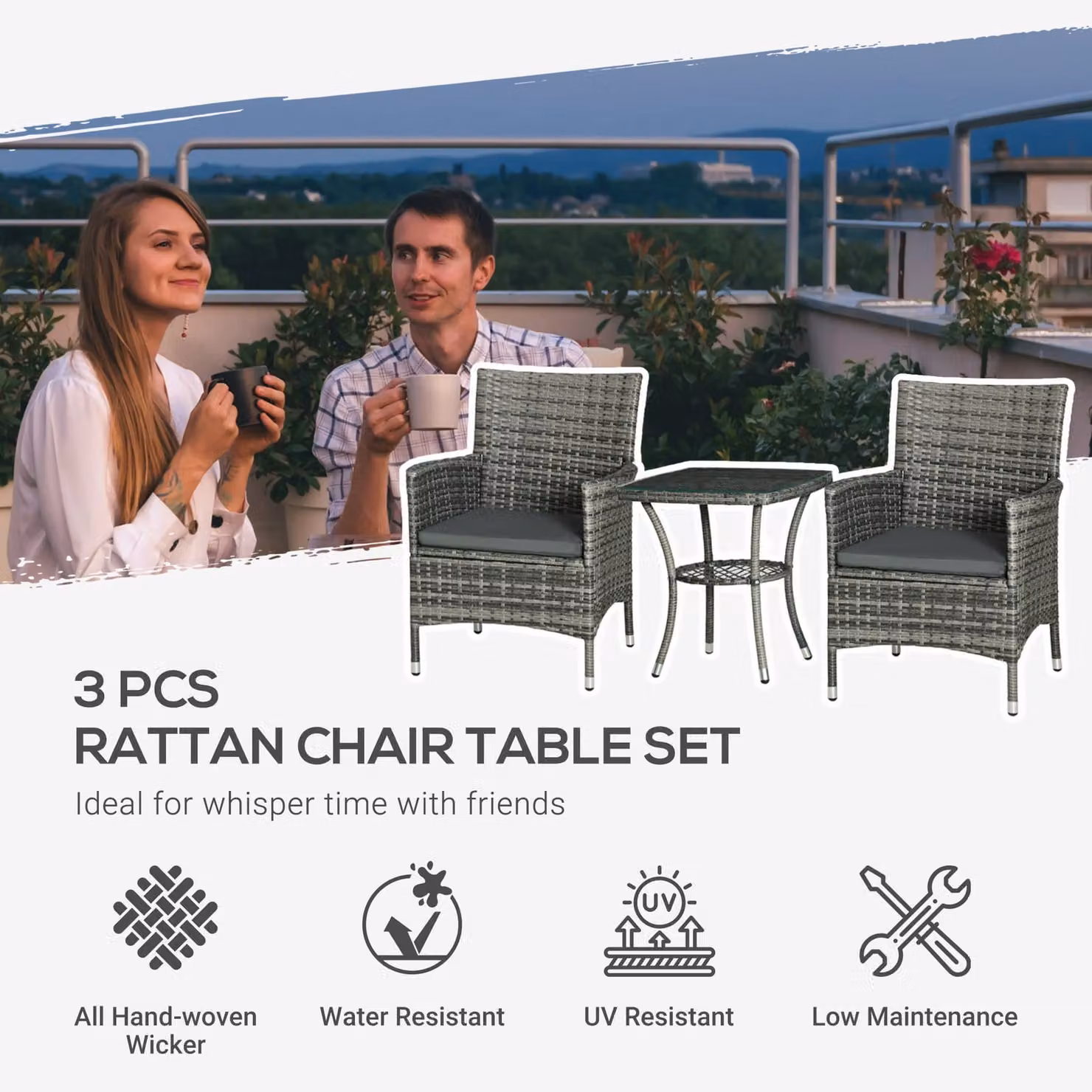 Outsunny 3 Piece Rattan Garden Bistro Set with Cushions in Light Grey – 4