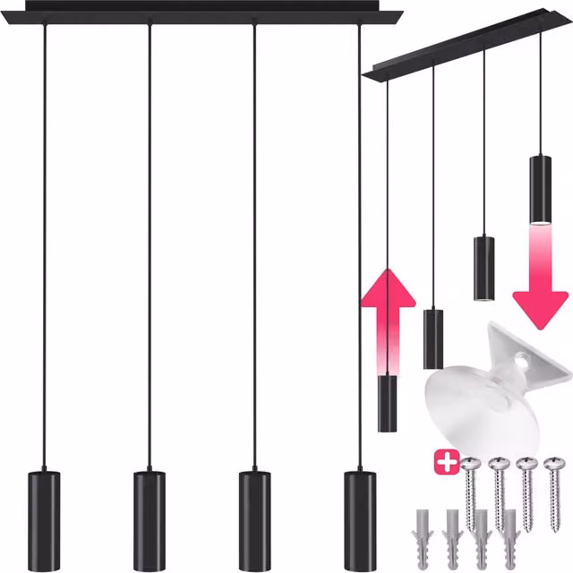 tectake Lumea Industrial Pendant Ceiling Light, 4 Black Metal Cylinder Lights with Height-Adjustable Cables
