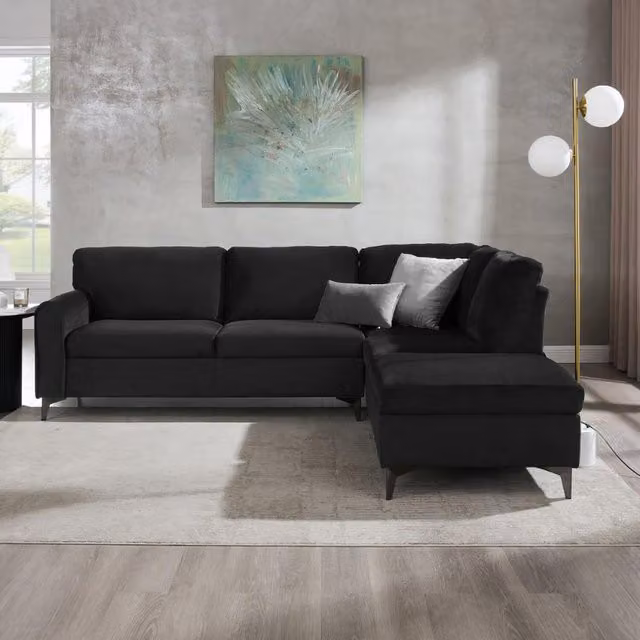 Aylssum L-Shape Corner Sofa in Black Velvet, Right-Hand Facing