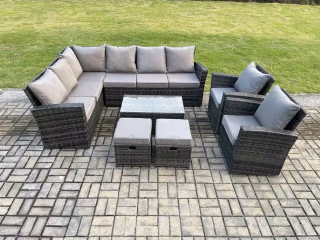 Fimous 10 Seater High Back Rattan Garden Furniture Set with Rectangular Coffee Table in Dark Grey