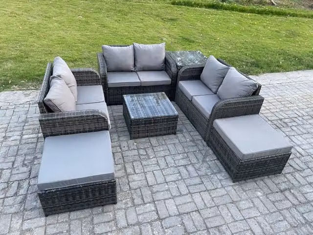 Fimous 8 Seater Grey Rattan Garden Furniture Set with U-Shape Sofa, Coffee Table, Love Seat, Two Ottomans and Side Table