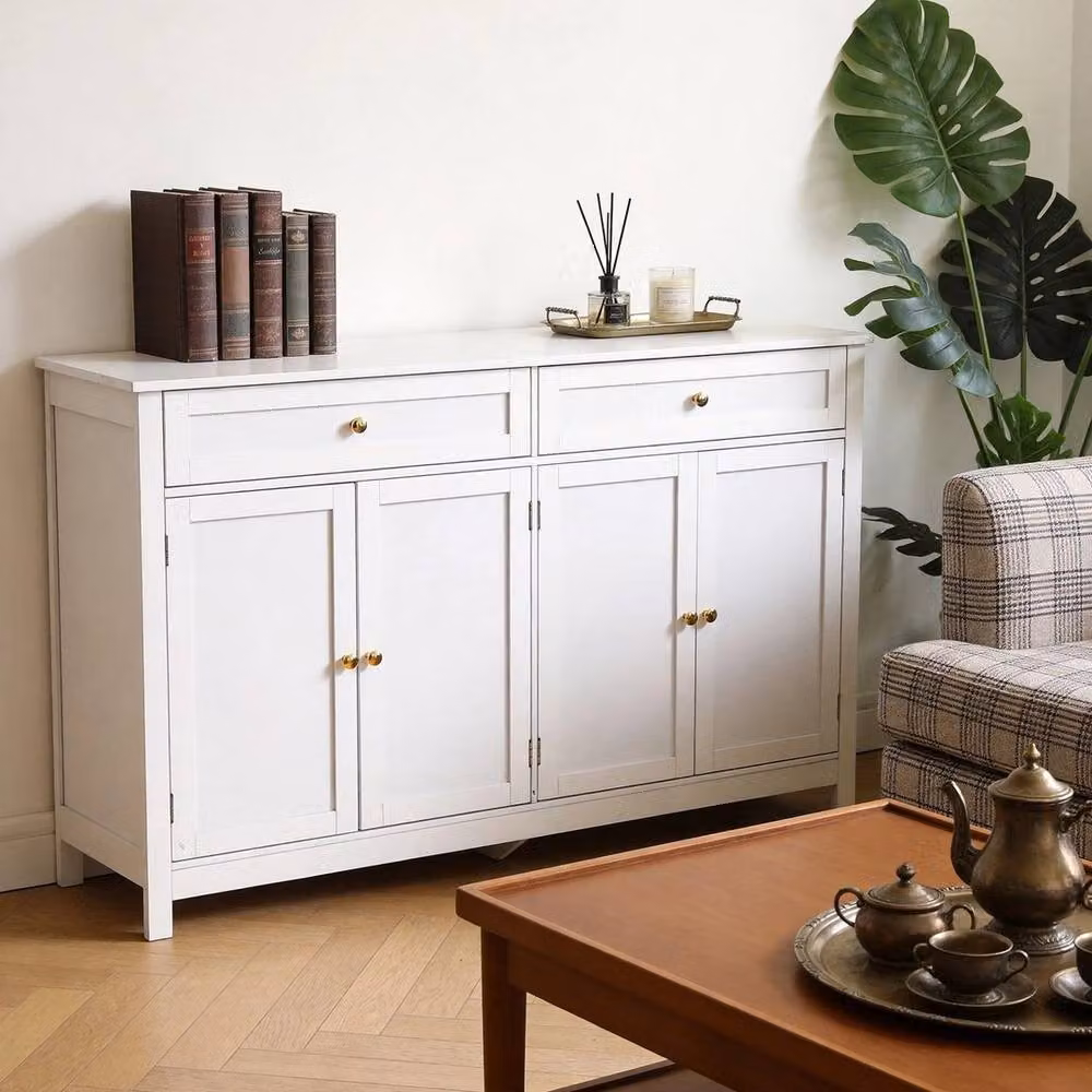 Kelvenix Industrial 4-Door and 2-Drawer Buffet Sideboard Cabinet in White and Gold, W/D/H: 140 x 40 x 89 cm – 2