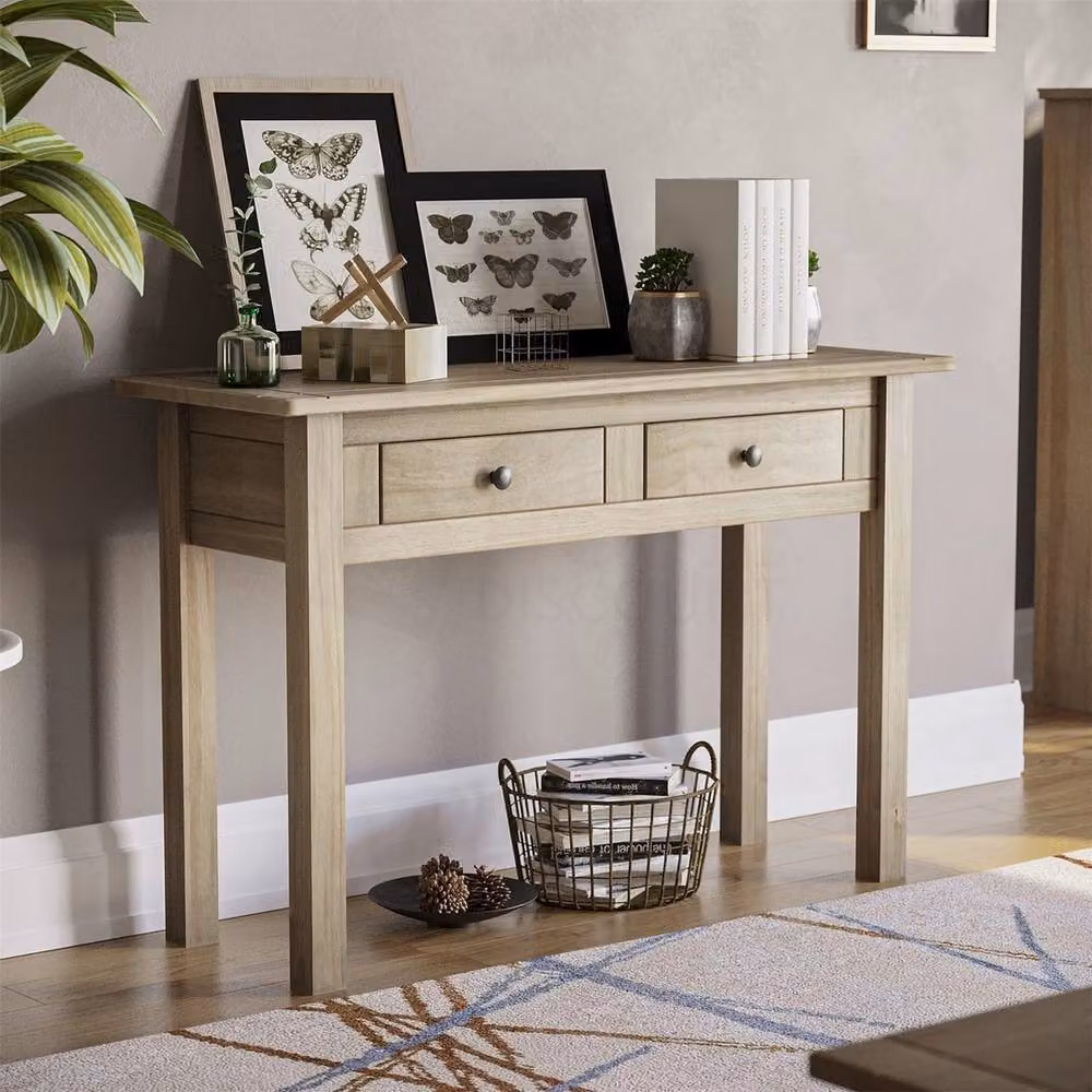 FORGEVIO 2 Drawer Solid Wood Pine Console Table with Shelf, Light Brown, W/D/H: 110 x 30 x 72 cm – 4