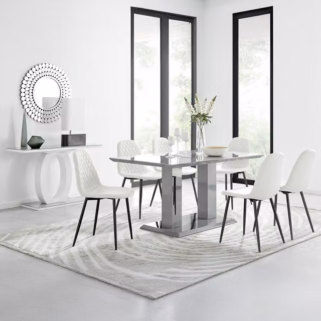 FurnitureboxUK Imperia Grey Glass Dining Table and 6 Corona Black Leg Chairs in White
