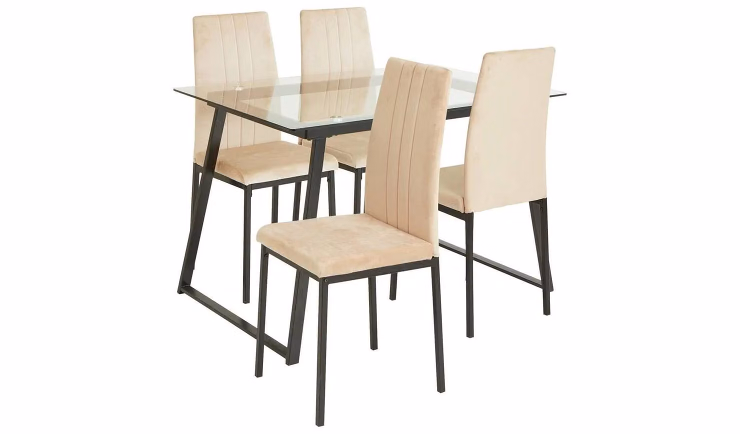 Tyrus Modern Glass Dining Table and 4 Chairs Set in Transparent, Beige and Black