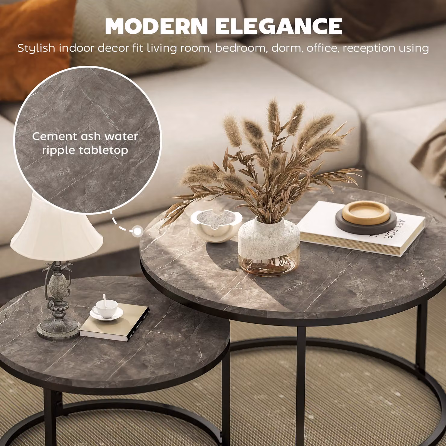 HOMCOM 2 Piece Nested Stacking Coffee Table Set with Dark Grey Marble-Effect Composite Tops and Steel Frame – 4