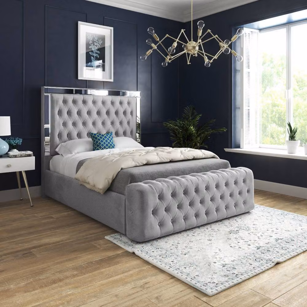 Casani Loweswater Mirror Upholstered Designer Bed Frame in Grey Silver Velvet, W/D/H: 120 x 200 cm – 2