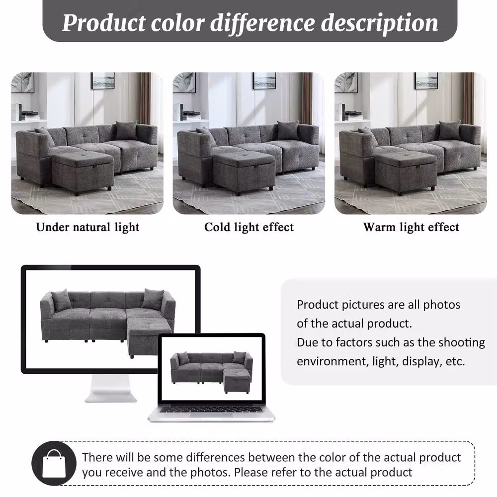 FENCHILIN L-Shaped Reversible Corner Sofa in Grey with Movable Storage Ottoman and Scatter Cushions – 5
