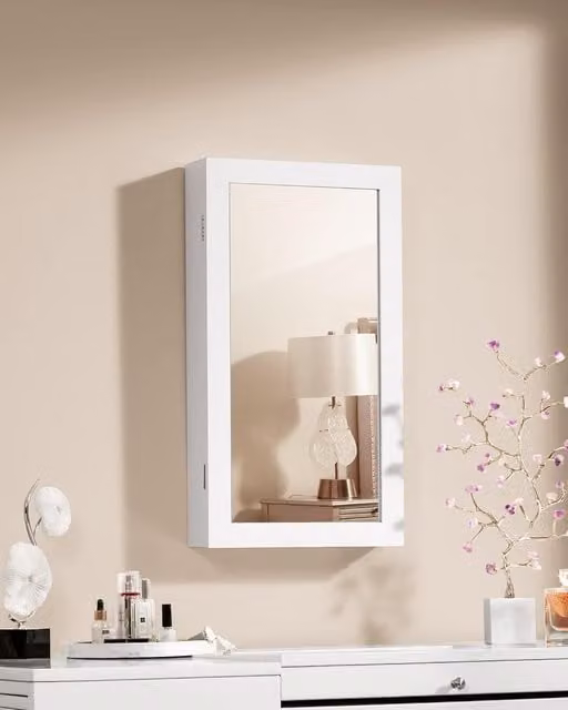 SONGMICS Wall Mounted Mirror Cabinet with Lockable Jewellery Storage in White