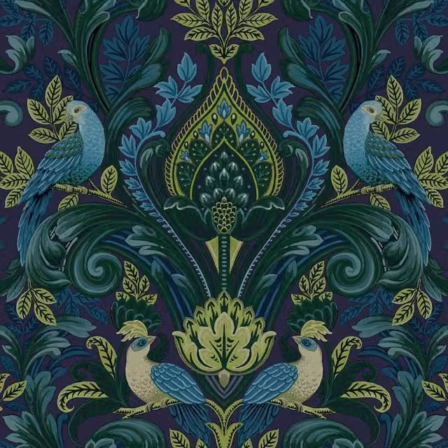 Grandeco Peacock Damask Blue Vinyl Textured Floral Wallpaper