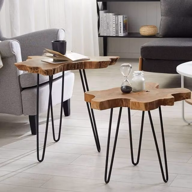 Wyld and Coco Nest of 2 Rustic Teak Tables with Black Hairpin Legs in Brown and Dark Teak
