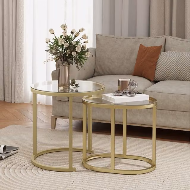 HOMCOM Modern Nesting Coffee Table Set of 2 with Faux Marble Top in Gold and Transparent