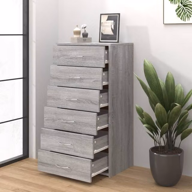 Berkfield Home Grey Sonoma Sideboard with 6 Drawers, W/D/H: 50 x 34 x 96 cm