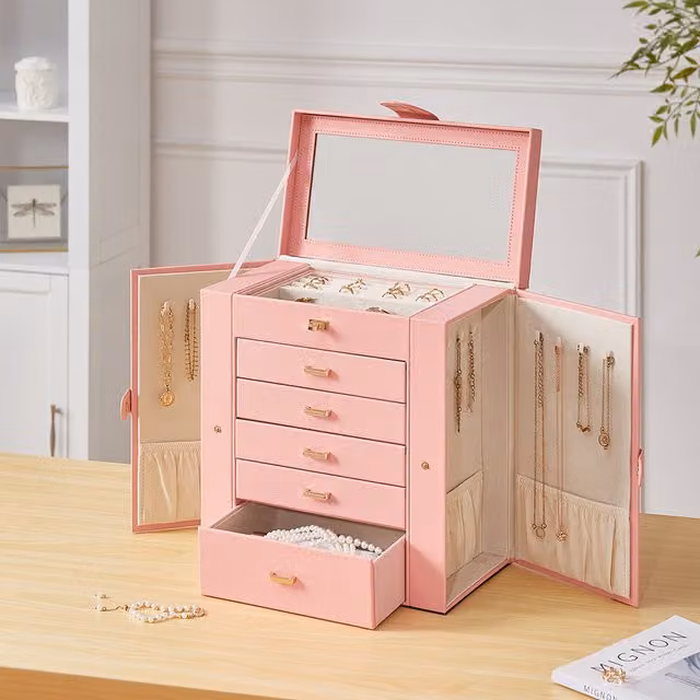 Komore Pink and Gold Fabric Jewellery Box with Drawers and Mirror
