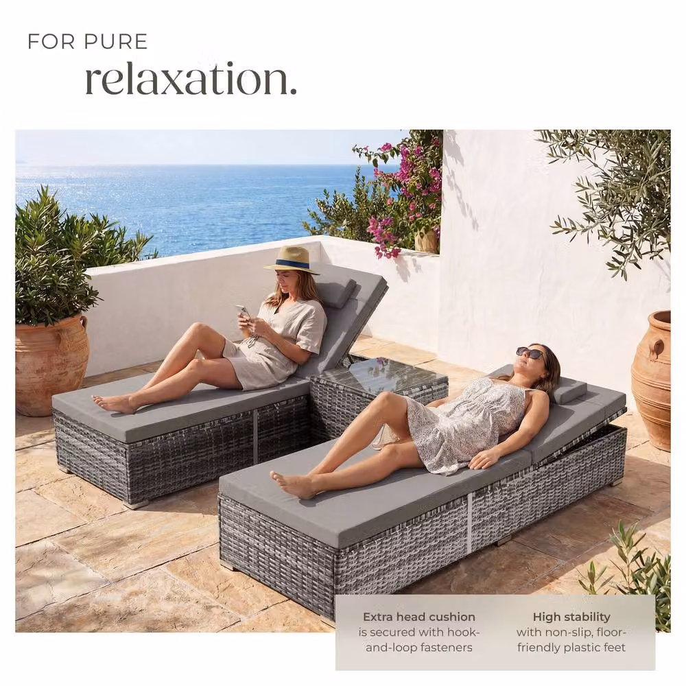 tectake Carbonera Rattan Double Lounge Chair with Table and Adjustable Headrest in Grey – 4