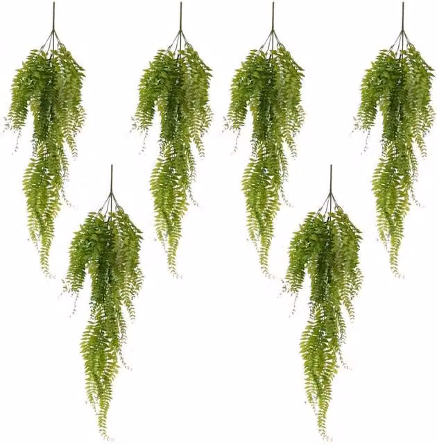 Botanik Pack of 6 Green Artificial Hanging Fern Plant Stems, 100 cm each