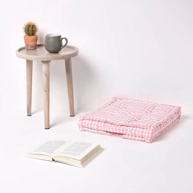 Homescapes Cotton Gingham Check Floor Cushion in Pink, W/D/H: 40 x 40 x 40 cm