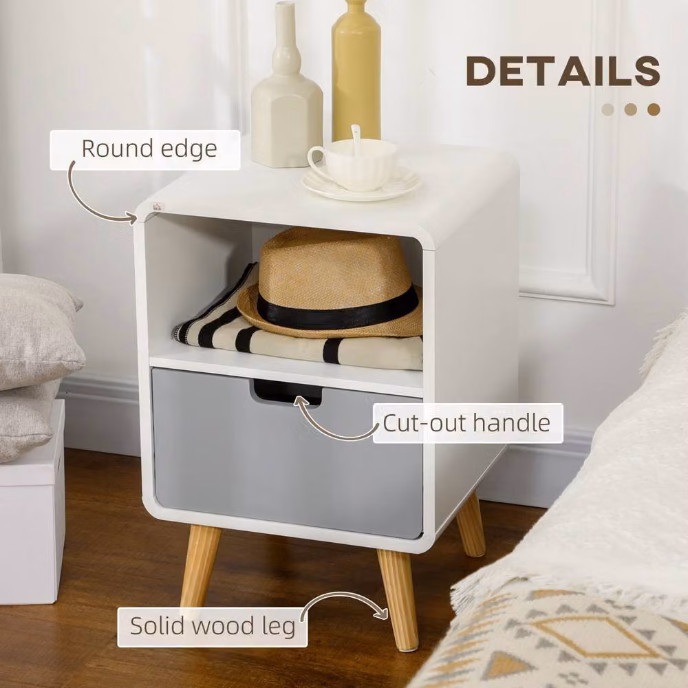 Wyld Haus Neselo Set of 2 Scandinavian Wooden Bedside Tables with Drawer and Shelf, White, W/D/H: 40 x 38 x 58 cm – 3