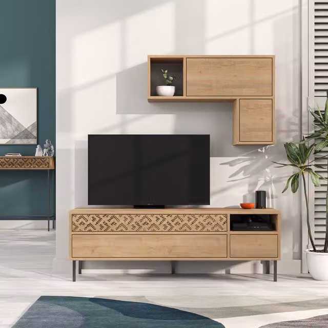 Decortie Heaton Modern TV Unit with Storage and Wall Shelf, Oak Brown, Width: 145 cm