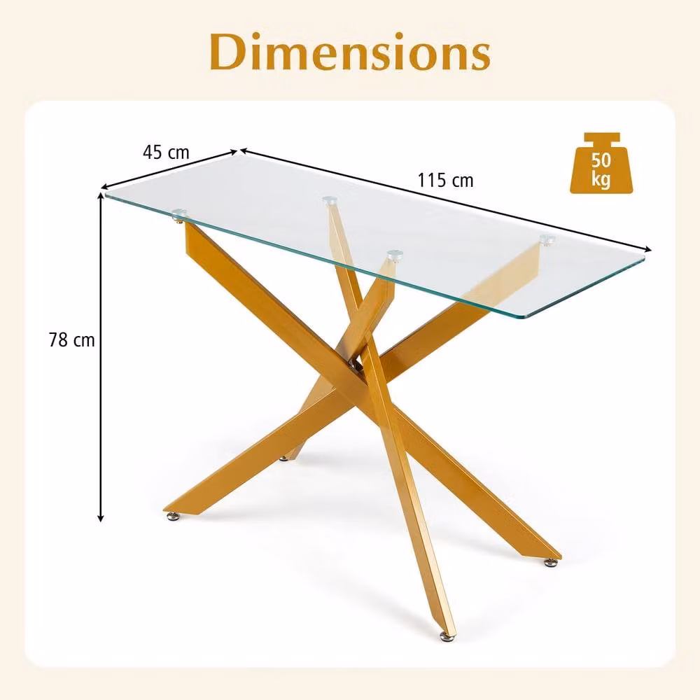 Costway Modern Glass Console Table with Clear Tempered Glass Top and Gold X-Frame, Width: 115 cm – 2