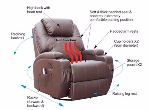 WestWood Bonded Leather Massage Cinema Recliner Chair with Heating Function and Cup Holder, Brown, W/D/H: 112 x 87 x 93 cm – 3