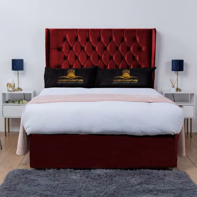 UK Bed Furniture Mary Winged Divan Bed Base with 54 Inch Buttoned Headboard in Red Velvet, Size: 180 x 200 cm