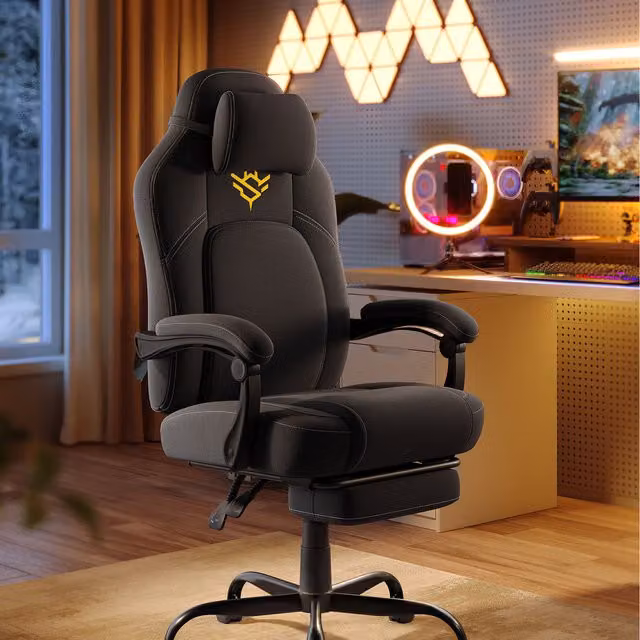 SONGMICS HOME Ergonomic Gaming Chair in Black and Gold Cotton-Linen Fabric with Headrest, Armrests and Castors