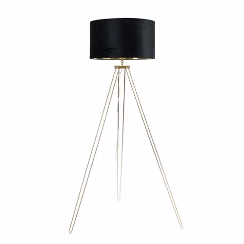 ValueLights Aero Gold Tripod Floor Lamp with Black Velvet and Gold Inner Cylinder Shade – 1