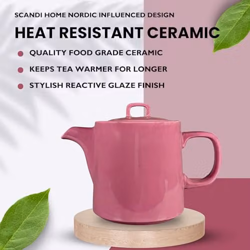Scandi Home Oslo Pink Ceramic Teapot with Stainless Steel Infuser, 1 l – 3