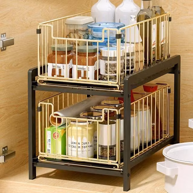 KORVIXA Black and Gold 2-Tier Metal Under Sink Organizer Shelf, W/D/H: 50 x 50 x 50 cm – 1