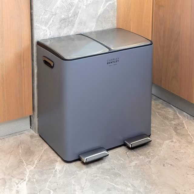 Charles Bentley Grey Stainless Steel Pedal Kitchen Bin with Double Compartment and Removable Inner Buckets, 60l