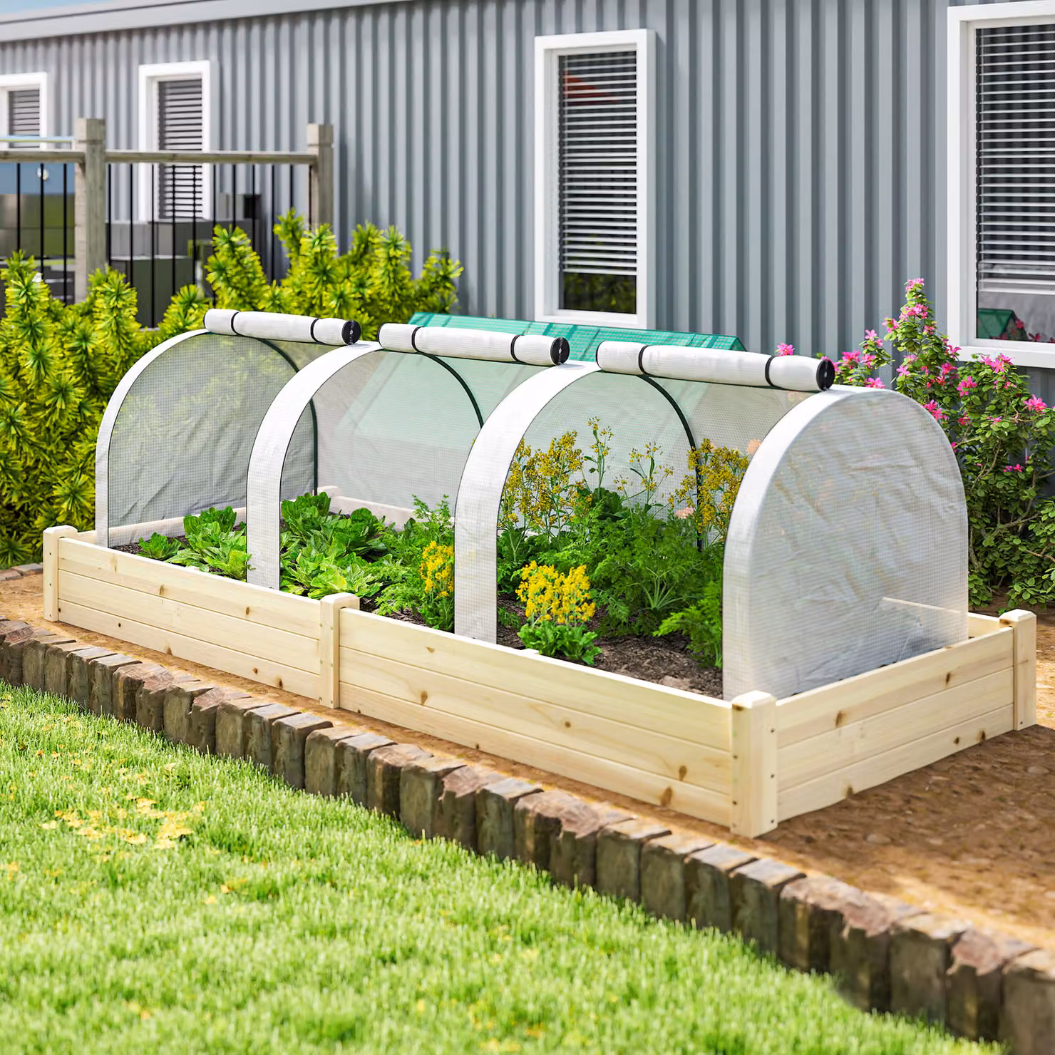 Outsunny White Low Tunnel Greenhouse with Roller for Vegetable and Ornamental Gardens, W: 295 cm, H: 100 cm, D: 100 cm – 4