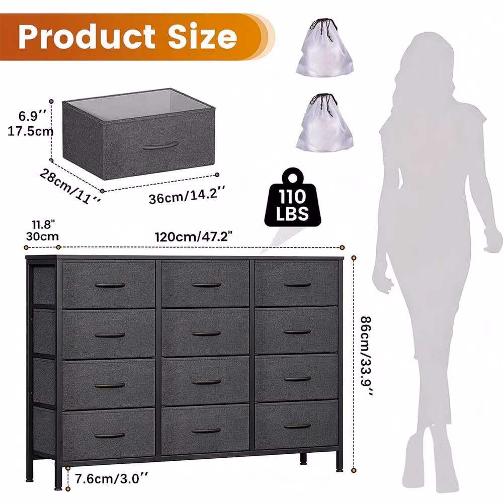 Ventryn 12 Drawer Fabric Tall Dresser in Dark Grey for Bedroom Storage – 2
