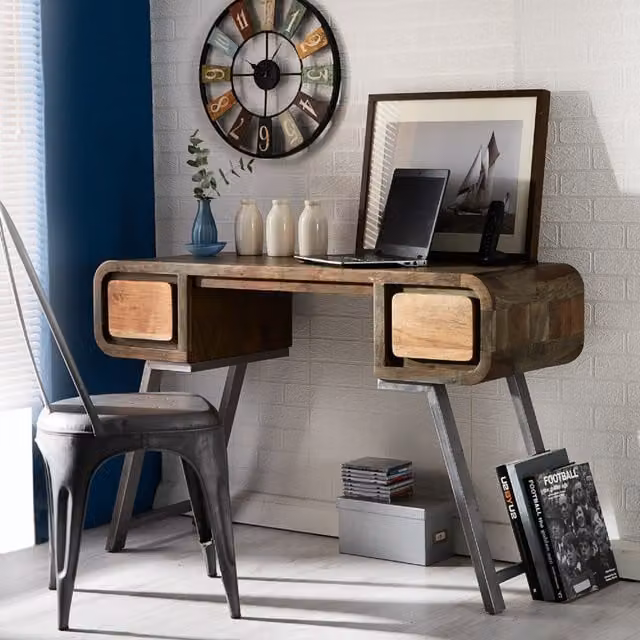 IH Design Retro Wood and Metal Desk Console Table in Brown