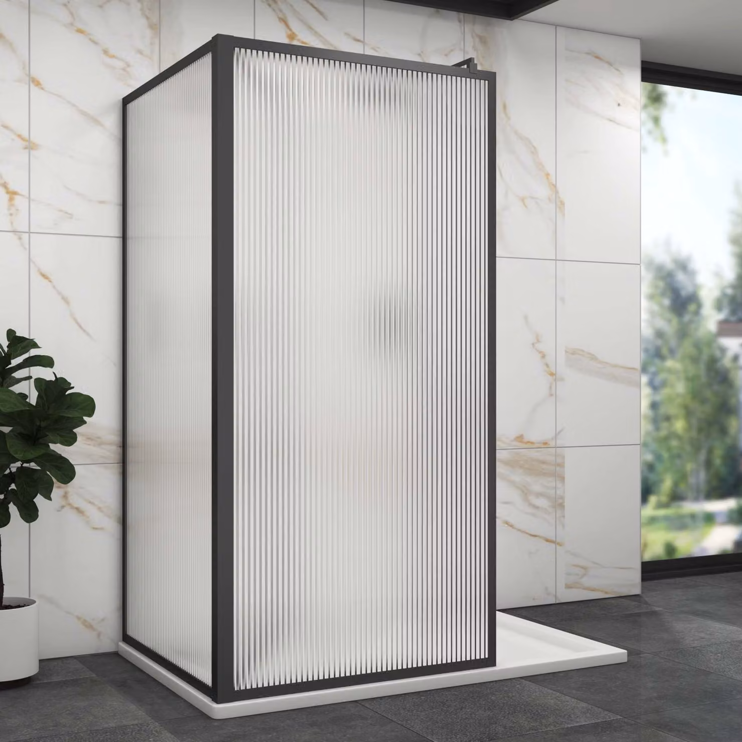 Luxor 2 Sided Walk In Fluted Shower Enclosure with Matt Black Frame and Easy Clean Glass, W/D: 120 x 76 cm