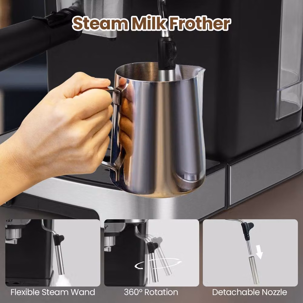 Costway 1200W Professional Espresso Machine with 20 Bar Pressure, 1.8 l Removable Tank and Steam Wand in Silver – 5