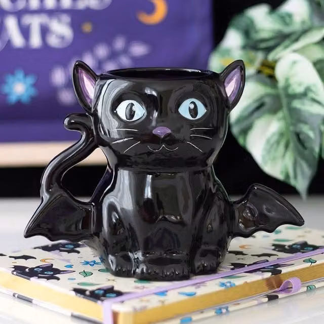 Uniqueful Cute and Creepy Bat Cat Ceramic Mug in Black, 550ml – 1