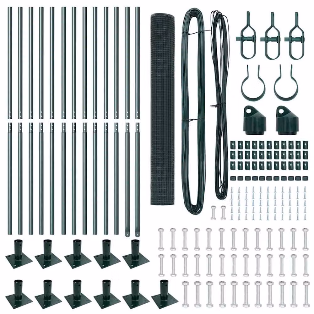 Berkfield Home Green PVC Coated Steel Welded Wire Fence with 13 Flanged In-Ground Posts, W: 25 m, H: 2 m – 4