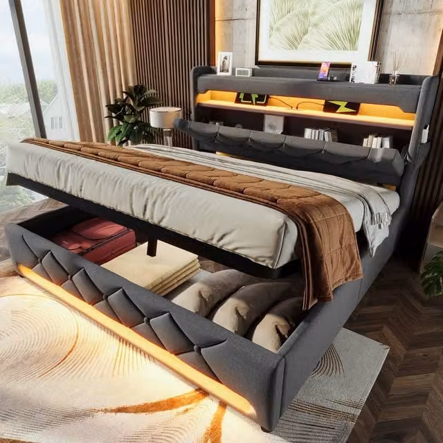 BTM Super King Ottoman Bed in Grey with LED Lighting, USB Charging Port and Storage Headboard – 1
