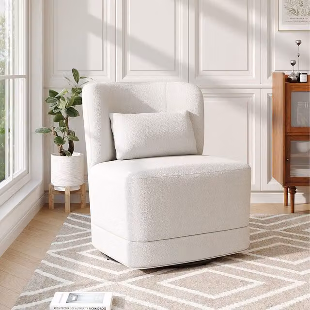 Komore White Boucle Tub Swivel Chair with Solid Wood Frame